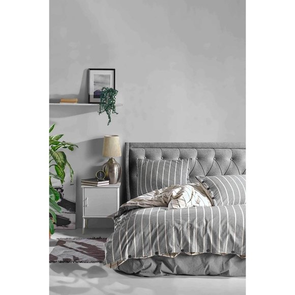 Urban 100% Cotton Double Bed Washed Yarn-Dyed Striped Bedding Set in Charcoal - Picture 1 of 3
